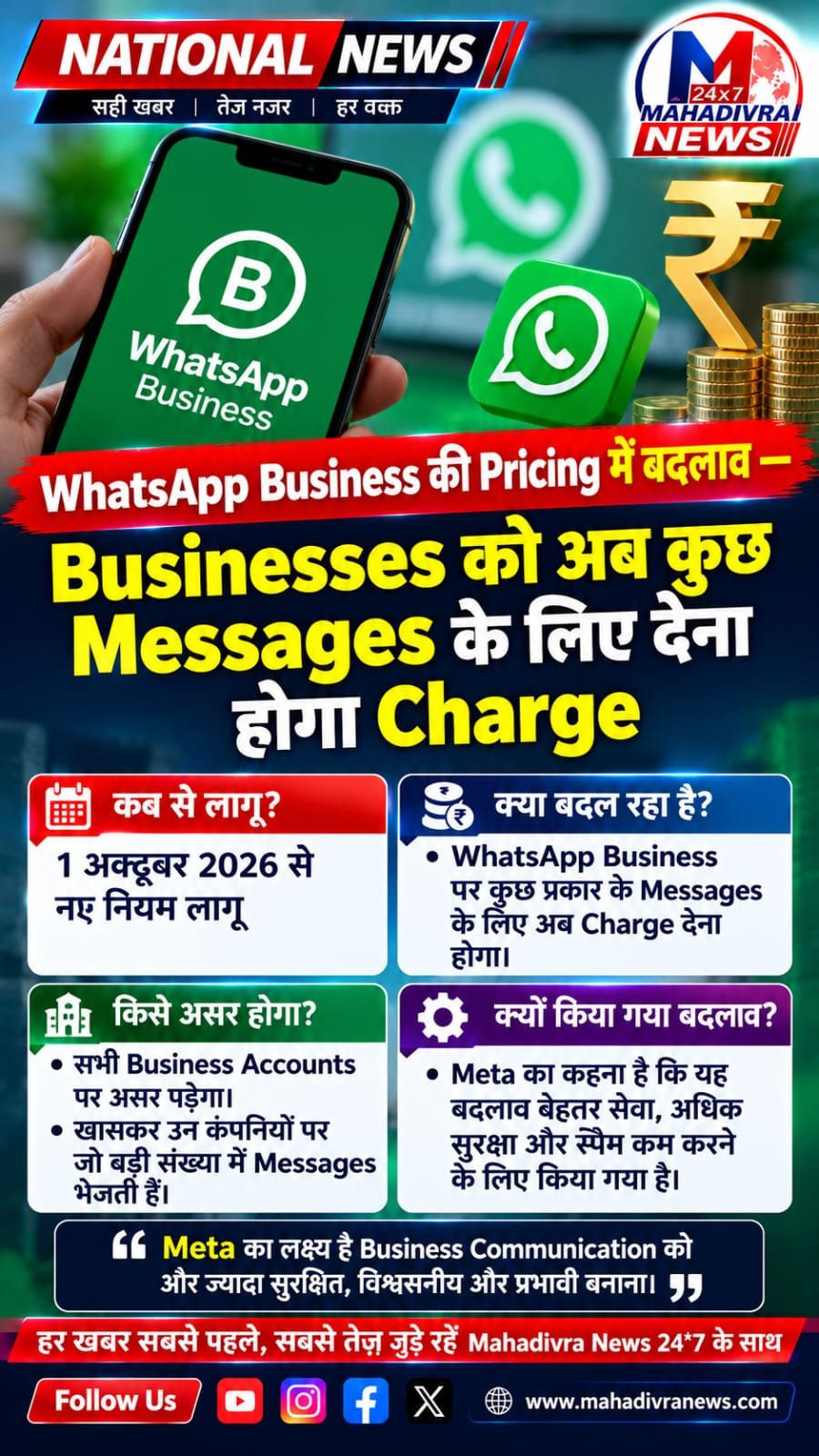 WhatsApp Business Pricing में बड़ा बदलाव: 1 अक्टूबर 2026 से Service Messages पर भी लग सकता है चार्ज, जानें Businesses पर क्या होगा असर