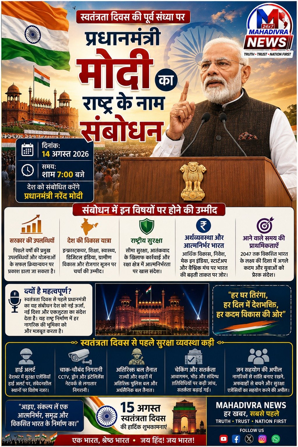 स्वतंत्रता दिवस की पूर्व संध्या पर प्रधानमंत्री मोदी का राष्ट्र के नाम संबोधन