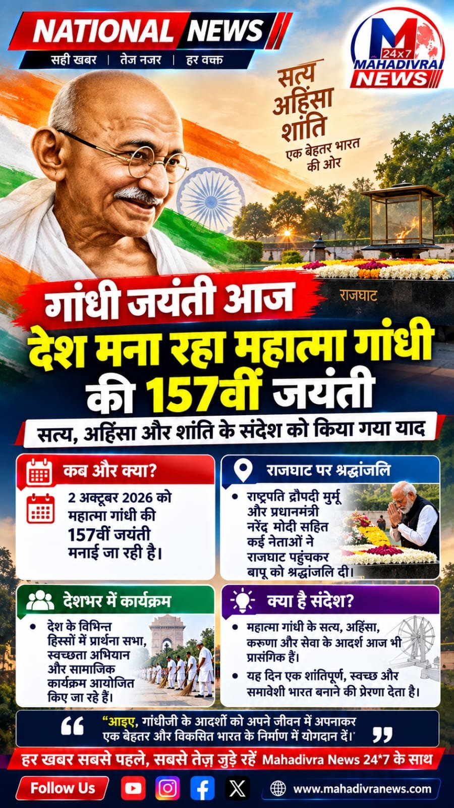 गांधी जयंती 2026: देश मना रहा महात्मा गांधी की 157वीं जयंती, सत्य, अहिंसा और शांति का संदेश फिर हुआ याद