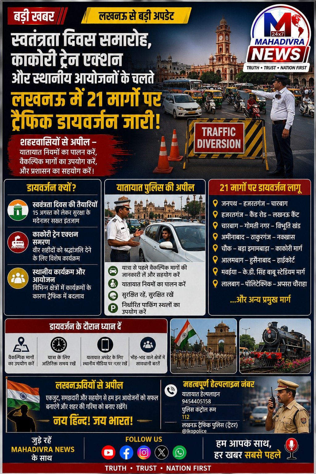 🚨 लखनऊ में स्वतंत्रता दिवस को लेकर बड़ा ट्रैफिक अपडेट! 21 मार्गों पर डायवर्जन, घर से निकलने से पहले जानें रूट
