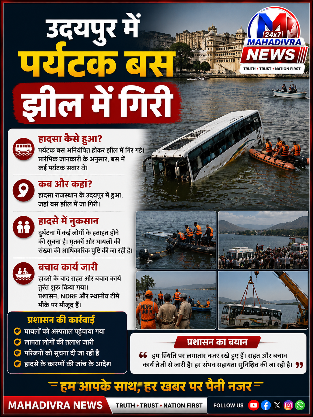 उदयपुर में पर्यटक बस झील में गिरी, हादसे के बाद राहत-बचाव कार्य जारी